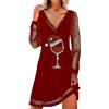 Generico Vestito Donna Natale, Stampa di Bicchiere di Vino Rosso Vestito Festa Divertente Capodanno Vestito Maniche Lunghe Carnevale Corto Vestiti Elegante Invernale Natale Abito Curvy Cerimonia