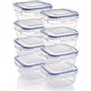 Grizzly set contenitori per alimenti in plastica, 8 contenitori con coperchio, quadrati, impilabili, lavabili nel microonde e in lavastoviglie