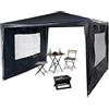 Relaxdays Gazebo 3x3 m, 2 Pareti Laterali, Struttura in Metallo, Telo in PE, con Finestre, per Festival, Tendone, Blu