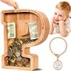 Summidate Salvadanaio Legno Bambini, Porcellino Salvadanaio Trasparente Lettera A-Z, Regalo Educativo Compleanno e Battesimo Personalizzabile con Adesivi per Ragazzi e Ragazze
