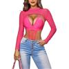 Avidlove Maglia da donna in rete a maniche lunghe, per il tempo libero, maglietta sexy da club, abbigliamento basic, rosa rossa, L