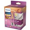 Philips Lampadina a LED Globe, luce bianca calda, E27-60 W, trasparente, a risparmio energetico, lampadina a filamento