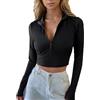EMOTTOS Donna Y2K Maglietta, Maglia Polo Shirt Sexy con Scollo a V Profondo e Zip a Manica Lunga Slim Fit Crop Tops, T-Shirt Snellente Elasticizzata in Maglia, Nero, S