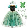 IDOPIP Ragazze Principessa Anna Abiti Partito Vestito Costume con Accessori Cosplay Holloween Cerimonia Pageant Festa Comunione Cocktail Lungo Fantasia Vestit Verde 01 7-8 Anni