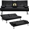Yaheetech Divano Letto con 2 Braccioli Staccabili Divano Trasformabile Mobile Imbottito a 3 Posti Divanetto Reclinabile da Salotto con Supporto Centrale Porta Bicchieri Nero/Finta Pelle
