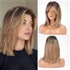 HAIRCUBE Donne Parrucca 16 Pollice Ombre Marrone Chiaro Parrucca Delle Donne Tenda Bangs Donne Parrucca Sintetica con Bangs Onda Parrucca per Giornaliero e Cosplay