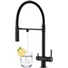 KEOKBON Rubinetto da cucina a 3 vie, nero, girevole a 360°, con doccetta estraibile, rubinetto 3 in 1, con 2 leve per filtro dell'acqua, rubinetto a tre vie in ottone e acciaio inox