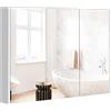 LIFEZEAL Mobiletto Bagno Salvaspazio con Contenitore, Specchio HD, Pensile Bagno Sospeso Bianco, Specchiera da Muro a 3 Ante, Armadietto, Mobile con 3 Ripiani, Moderno, in Legno (90x11x65 cm)