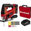 Einhell Seghetto alternativo a batteria TC-JS 18 Li (1x2,5 Ah) Power X-Change (ioni di litio, 18 V, movimento pendolare, attacco di aspirazione, batteria 1x 2,5 Ah, caricabatteria e valigetta)