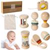 Peosaard Rattle in legno, 7 pezzi/set di legno cupila biologica biologica biologica con pentola, campana a mano, palla di sabbia, malutenzione di legno Montessori per ragazze, giocattoli a sonagli per bambini