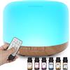 TENEVEAMO 500ml Diffusore di Oli Essenziali, Senza BPA Umidificatore ad Ultrasuoni con Telecomando e 6 * 10ml Olio Essenziale - Spegnimento Automatico Senza Acqua,Giallo