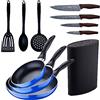 San Ignacio Set 3pc padella (16+20+24cm) alluminio pressato, induzione, blu Navy Paradise con set 3pcs utensili da cucina con set 4pc coltelli acciaio inossidabile