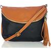 Firenze ARTEGIANI. Borsa da donna in vera pelle, borsa da donna con aletta mezza luna. Borsa in pelle con finitura Savage Tatto morbido Made in Italy Vera Pelle Italiana. 23 x 19 x 4 cm. Colore: nero/cuoio