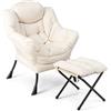 COSTWAY Poltrona Relax, Poltrona da Lettura con Cuscino per Testa, Elegante con Schienale e Seduta Imbottiti, Braccioli e Tasca di Stoccaggio, per Soggiorno, Portata 150 kg (Con Pouf, Beige)