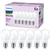 Philips LED E27, confezione da 6 lampadine, equivalente a 60 W, lampadine LED smerigliate, Vetro, Luce Bianca Calda 2700K, LED a risparmio energetico con lunga durata