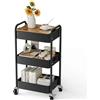 Shrivee Shirvee Carrello a 3 Ripiani con Ruote Mobile Rotelle Salvaspazio Multifunzionale Storage Rack per Bagno Cucina (Nero)