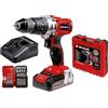 Einhell Trapano a percussione TE-CD 18/2 Li-i +22 (1x2,5Ah) (ioni di litio, 18 V, 44 Nm, trasmissione a 2 velocità, batteria da 2,5 Ah, caricatore rapido, scatola da 22 punte e valigetta)