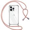 Pnakqil Cover per iPhone 14 Pro con Cordino, Trasparente Custodia con Laccio Tracolla Cellulare Girocollo Collana Protettiva per iPhone 14Pro 6.1, Rosa