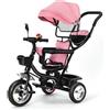 OHMG Triciclo per bambini evolutivo,4 in 1 Triciclo bici e passeggino fino a 25kg,Passeggino con Maniglione regolabile,Triciclo per bambini da 1 a 5 anni,Rotabile Pieghevole parasole (Rosa)
