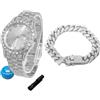 HALUKAKAH Orologio con Diamanti in Oro per Ragazzi,Adolescenti,Bambini - Placcato in Platino,Quadrante Rotondo 42mm,Quarzo Giapponese - Lunghezza 20cm,con Catena Cubana 18cm e Strumento Regolatore