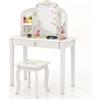 COSTWAY Toeletta Trucco 2 in 1 per Bambina Staccabile, Specchiera per Ragazza in Legno con Sgabello e Cassetto, Postazione Trucco per Cameretta, 3 Anni, 70 x 34 x 96cm, Bianco