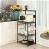 FurnitureR Kitchen Shelf with Power Strip, 3-Level Storage Cabinet, Microwave Oven Holder, Dining Room Vertical Shelf with 2-Socket and 6 S-Hooks, Industrial Rustic Brown, Metal Frame, 60 x 42 x 129