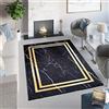 TAPISO Toscana Tappeto con Frange Soggiorno Salotto Sala Camera Letto Moderno Elegante Glamour Cornice Marmo Nero Oro Pelo Corto Stampato Antiscivolo 80 x 150 cm