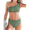 CUPSHE Set Bikini Donna One Shoulder Bordo Ondulato Vita Media Asimmetrico Costume da Bagno Due Pezzi, Blu mare, XL