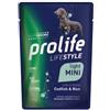Generico Prolife Umido Cane Adult Small Mini Light Lifestyle 100gr, alimento completo per cani adulti di tutte le taglie in sovrappeso gusto MERLUZZO e RISO | 12 bustine da 100 grammi l'una.