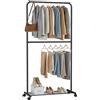 SONGMICS Stand Appendiabiti Doppio, Struttura in Metallo, Portabiti Largo 91 cm, con Ripiano Portaoggetti e Rotelle, 2 Ruote con Freni, Portata di Ogni Barra di 20 kg, Nero HSR027B01