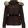 DSAoTeng Piumino da donna in tinta unita con pelliccia sintetica con cappuccio e tasca con cerniera e cintura, stile casual, caldo, trapuntato, invernale, capispalla, Marrone, M