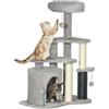 PawHut Albero per Gatti con Casetta, Lettino, Piattaforme e Palline, Torre per Gatti in Truciolato, Sisal e Peluche, 60x39x87 cm, Grigio Chiaro