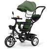 OHMG Triciclo per bambini evolutivo,4 in 1 Triciclo bici e passeggino fino a 25kg,Passeggino con Maniglione regolabile,Triciclo per bambini da 1 a 5 anni,Rotabile Pieghevole parasole (verde)