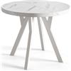AlpiMeble Tavolo rotondo per sala da pranzo OVO, tavolo allungabile, diametro da 80 cm a 130 cm, colore MARMUR, con gambe in legno di colore bianco