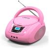 LONPOO Stereo Lettore CD portatile Bluetooth Boombox Connettività Radio FM, USB, AUX, Uscita cuffie, HiFi Altoparlanti (LP-D03 Pink)
