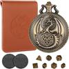 LKKCHER DESIGN Mini Set di Dadi DND Steampunk - 7 Pezzi in Metallo Poliedrico Con Cassa Dell'Orologio da Tasca - Set D&D Con Sacchetto in Pelle per RPG, MTG, Gioco di Ruolo - Bronzo