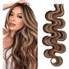 SEGO Extension Capelli Veri Biadesivo 20 Ciocche Adesive Nere Tape Biadesive Remy Human Hair Naturali Mossi Ricci 30 cm #4P27 Marrone Medio mix Biondo Scuro