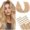 Benehair Extension Capelli Veri Biadesivo 10pz Capelli Naturali Lisci Extension Biadesive Capelli Veri Umani Extension Adesive 30cm, Biondo Scuro e Sbiancante