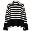 Generic Maglione a collo alto da donna UK Maglione a collo alto a righe a maniche lunghe oversize morbido pullover lavorato a maglia con spacco laterale, Nero , XL