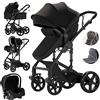 MoLi Passeggino Trio, Passeggino 3 in 1 con Doppia Modalità Push Reversibile, Trio Passeggino Neonati con Grande Navicella, Carrozzina per Neonati in Alluminio Pieghevole (588 Black)