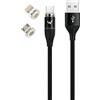 W Wonder Full Power - Cavo Intrecciato Magnetico 3 in 1 da USB-A a USB-C/Lightning/Micro-USB, 1 m, Colore: Nero