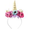 Nishine Cerchietto per capelli con corno di unicorno glitterato e camelia, fascia per capelli con fiore, tiara per feste e compleanni, colore: oro e turchese