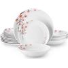 VEWEET Serie ANNIE Set di Piatti in Porcellana per 6 Persone, 18 Pezzi - 6 Piatti Piani, 6 Piatti da Dessert e 6 Ciotole da Servizio - Bianco Neutro con Motivo Floreale Rosa, Forma Rotonda