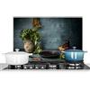 KitchenYeah© Pannello Paraschizzi da Cucina Alluminio 70x50 cm Alzatina Top Decorazioni Pannelli Paraspruzzi Erbe - Spezie - Padella - Coltello - Grigio - Rustico