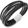 COOLSTEELANDBEYOND Pietre Perlina Catena Nero Intrecciato Cuoio Fascia Polso Braccialetto, Pelle Bracciali, Acciaio Chiusura Magnetica