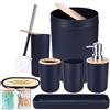 iMucci Set di accessori da bagno blu navy da 8 pezzi, con bidone della spazzatura, portaspazzolino, dispenser di sapone e lozione, set di bicchieri (IZ0124)