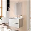 Inbagno Mobile bagno sospeso bianco lucido cannettato e olmo con 2 cassetti soft-close, lavabo in ceramica e specchio LED 80x60 cm, PORTO