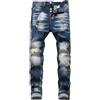 ZMIN Jeans da uomo a gamba piccola con fori strappati tessuto adesivo non elasticizzato, pantaloni blu retrò con schizzi di vernice, Blu, 50