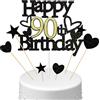 Conruich Decorazione per Torta di Compleanno 90 anni Uomo Donna, Cake Topper Happy 90th Birthday Oro Nero, Torta Torta Stella Cuore Nero per Decorazione Festa 90 anni Compleanno Donna Uomo