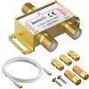Justech Splitter coassiale a 2 vie placcato oro MoCA 5 - 2500 MHz con cavo coassiale da 1,5 m spina F per Sky Box, Telewest, Eurovox, Starview, Dreambox